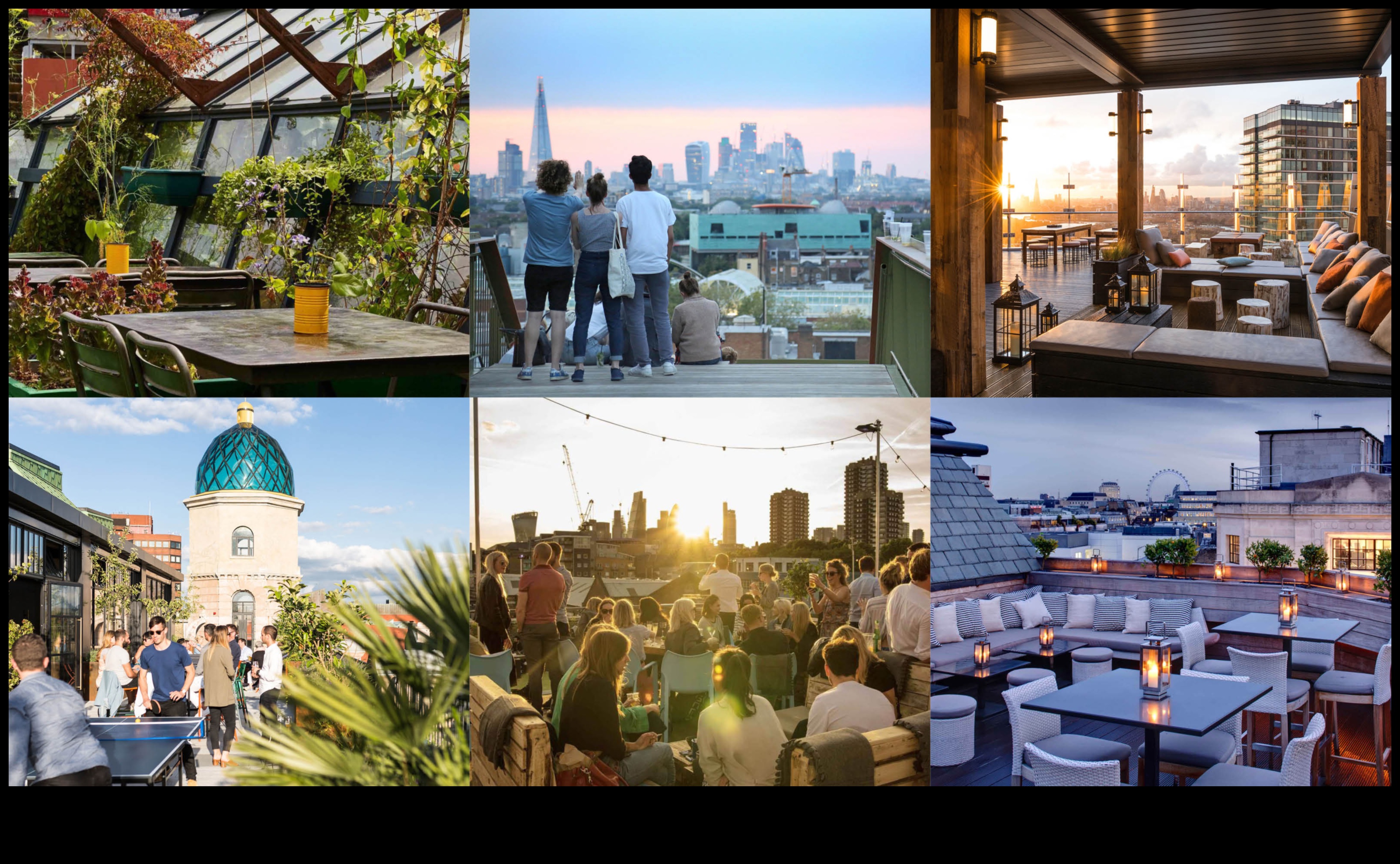How do landscapes contribute to the aesthetic appeal of urban rooftop bars?