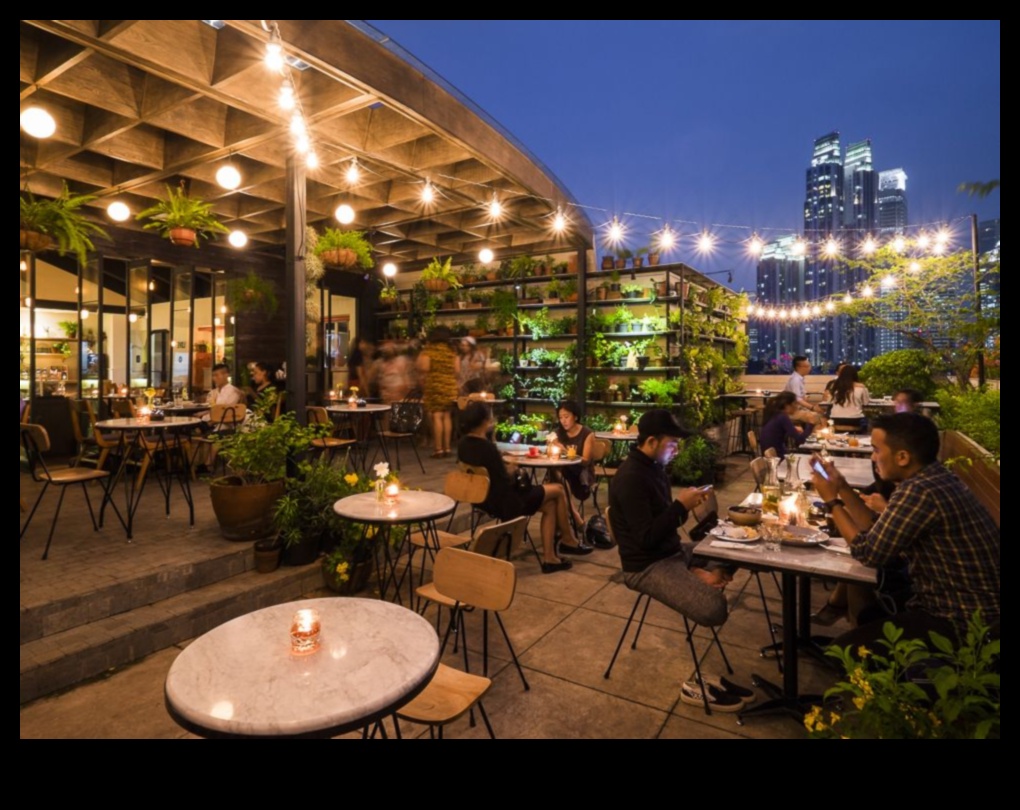 How do landscapes contribute to the visual appeal of urban rooftop restaurants?
